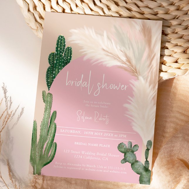 Invitation Boho cactus pampas arc rose nuptiale douche (Boho cactus pampas arch pink bridal shower invitation)