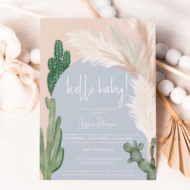 Invitation Boho cactus pampas arch garçon bonjour baby shower (Créateur téléchargé)