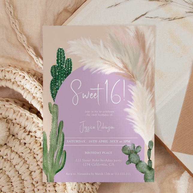 Invitation Boho cactus pampas arche pourpre teinte terre douc (Boho cactus pampas arch purple earth tone Sweet 16 Invitation)