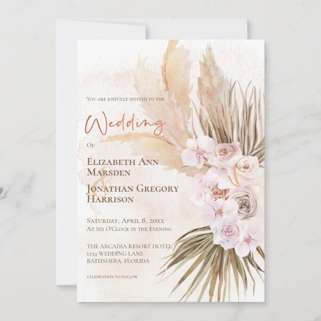 Invitation Boho Champagne Blush Terracotta Pampas Floral (Devant)