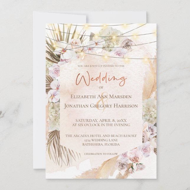 Invitation Boho Champagne Blush Terracotta Pampas Floral Invi (Devant)