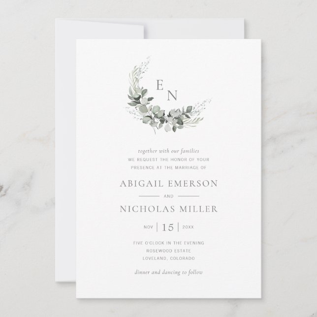 Invitation Boho Chic Aquarelle Eucalyptus Mariage (Devant)