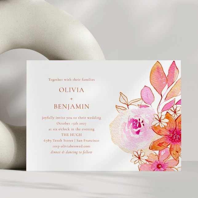 Invitation Boho Chic Aquarelle rose Orange Mariage (Créateur téléchargé)