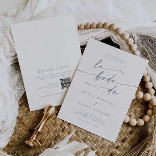 Invitation Boho Chic Ardoise Bleu QR Code Espagnol Mariage