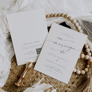 Invitation Boho Chic Ardoise Bleu QR Code Mariage français