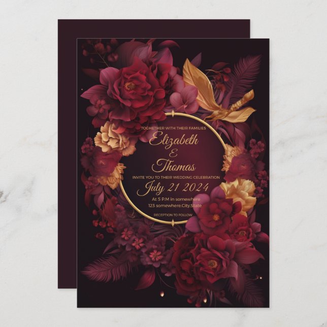 Invitation Boho chic avec thème Bourgogne et or. (Devant / Derrière)