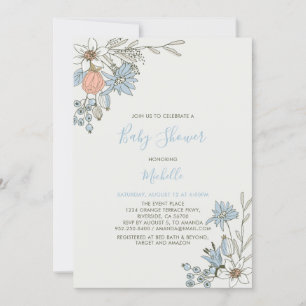 Invitation Boho chic Baby shower floral bleu printemps