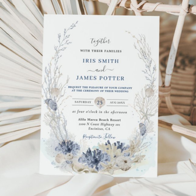 Invitation Boho Chic Beach Destination Hampton Mariage (beach-destination-wedding-invitation-cards-soft-pastel-blue-corals-reef-shells-elegant-boho-chic)
