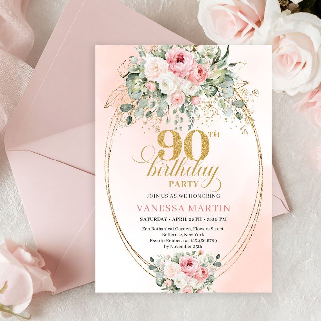 Invitation Boho Chic Blush Floral Greenery Gold 90th Birthday (Boho Chic Blush Floral Greenery 90th Birthday Invite)