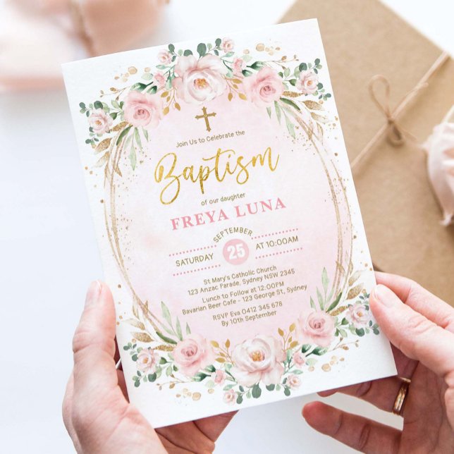 Invitation Boho Chic Blush Or Rose Floral Girl Baptême (Créateur téléchargé)
