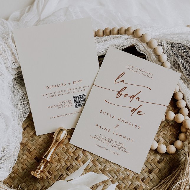 Invitation Boho Chic Bohemian Cream QR Code Mariage espagnol (Créateur téléchargé)
