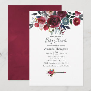 Invitation Boho Chic Bourgogne et Baby shower floral Navy