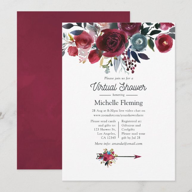 Invitation Boho Chic Bourgogne et Baby shower virtuel de la M (Devant / Derrière)