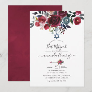 Invitation Boho Chic Bourgogne et Bat mitzvah floral de la ma