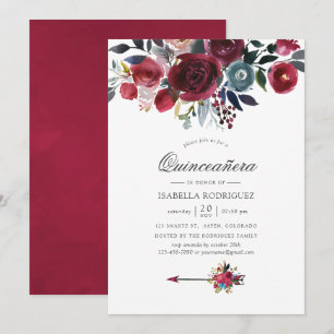 Invitation Boho Chic Bourgogne et floral de marine Quinceañer