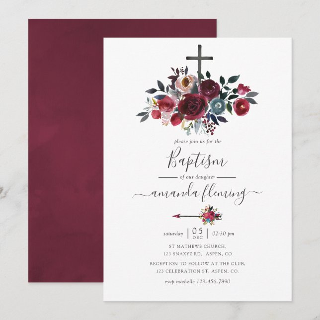 Invitation Boho Chic Bourgogne et Navy Floral Baptism (Devant / Derrière)