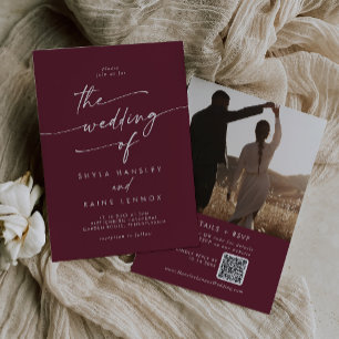 Invitation Boho Chic Bourgogne Rouge Photo QR Code Mariage