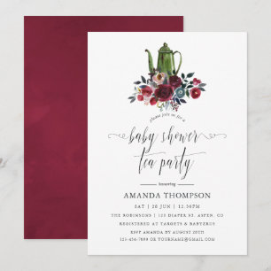 Invitation Boho Chic Burgundy et Navy Baby shower Tea Party