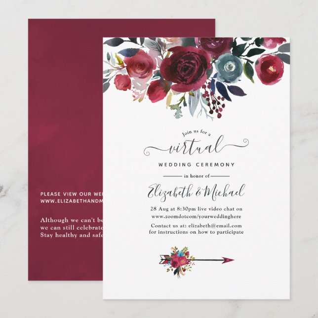 Invitation Boho Chic Burgundy et Navy floral Mariage virtuel (Devant / Derrière)