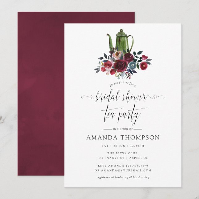 Invitation Boho Chic Burgundy & Navy Fête des mariées Tea Par (Devant / Derrière)
