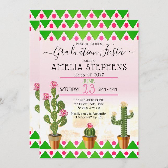Invitation Boho Chic Cactus Fête de graduation (Devant / Derrière)
