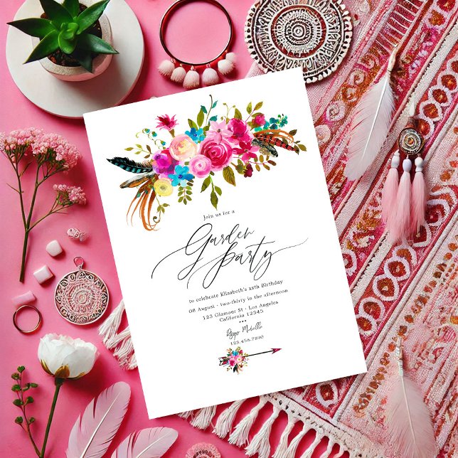 Invitation Boho Chic Chic Floral Garden Party (Hot-Pink Boho Chic Floral Garden Party Invitation)