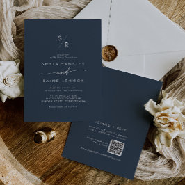 Invitation Boho Chic Dark Navy bleu Monogramme QR Code Mariag