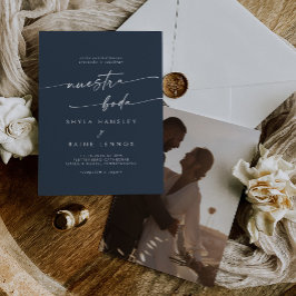 Invitation Boho Chic Dark Navy Bleu Photo Mariage espagnol