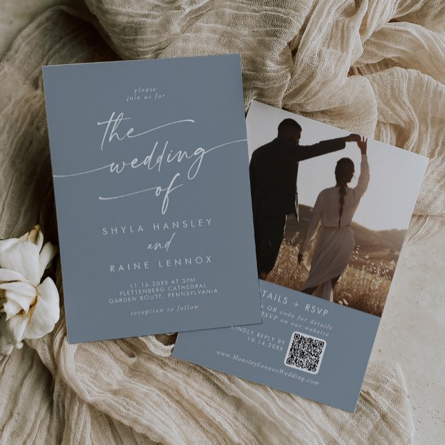 Invitation Boho Chic Dusty Blue Photo QR Code Mariage (Créateur téléchargé)