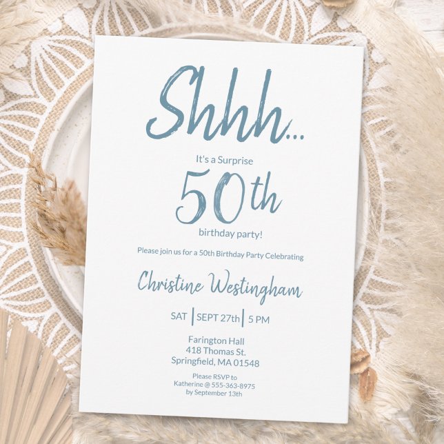 Invitation Boho Chic Dusty Blue White Surprise 50th Birthday (Créateur téléchargé)
