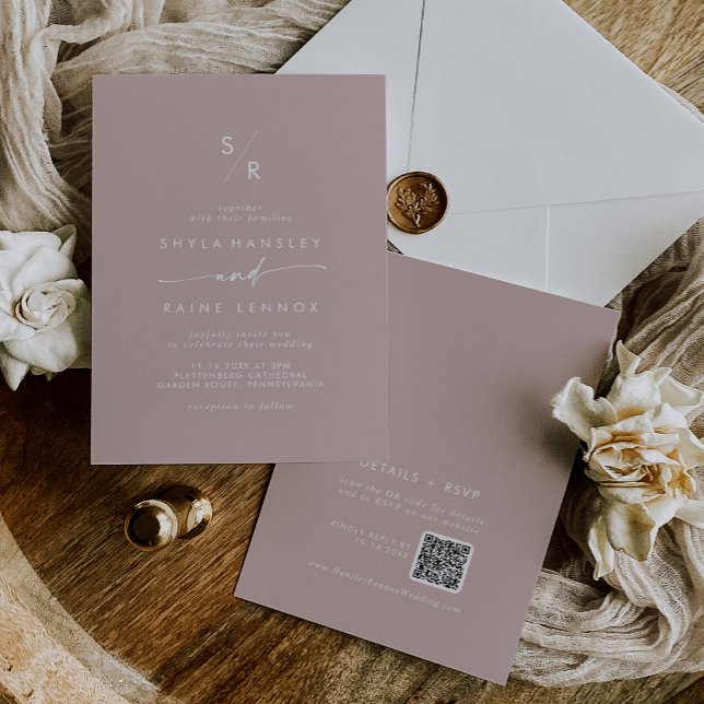 Invitation Boho Chic Dusty Rose rose Monogramme QR Code Maria (Créateur téléchargé)