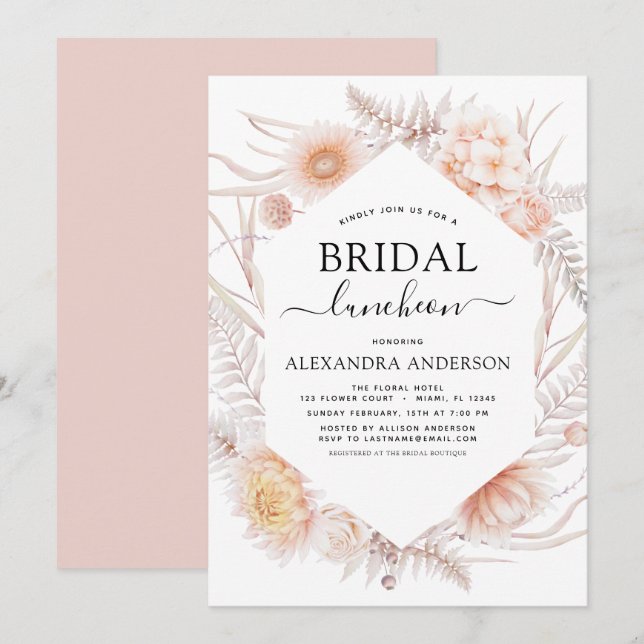 Invitation Boho Chic Fête des mariées Déjeuner Dusty Pink Des (Devant / Derrière)