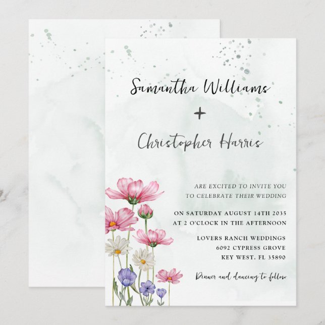 Invitation Boho Chic Fleur Fleur d'Aquarelle Mariage (Devant / Derrière)