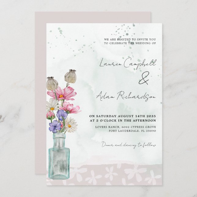 Invitation Boho Chic Fleur Fleur d'Aquarelle Mariage (Devant / Derrière)