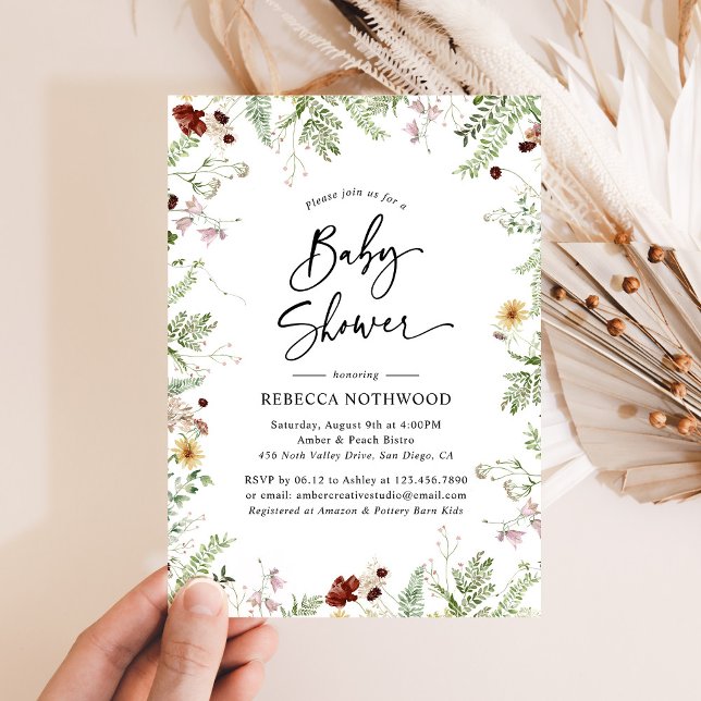 Invitation Boho Chic Fleur sauvage Baby shower verdoyant (Créateur téléchargé)