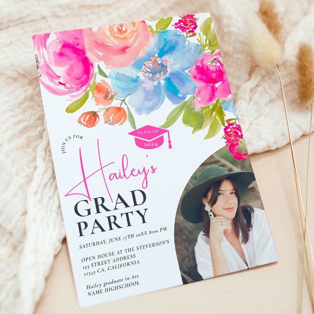 Invitation Boho chic floral aquarelle photo graduation 2024 (Boho chic floral watercolor photo graduation 2024 invitation)