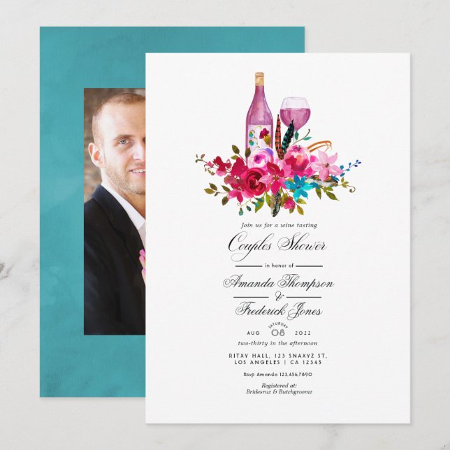 Invitation Boho Chic Floral Couples Douche Vin Dégustation In (Devant / Derrière)