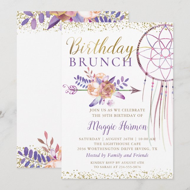 Invitation Boho Chic Floral Dreamcatcher Anniversaire Brunch (Devant / Derrière)