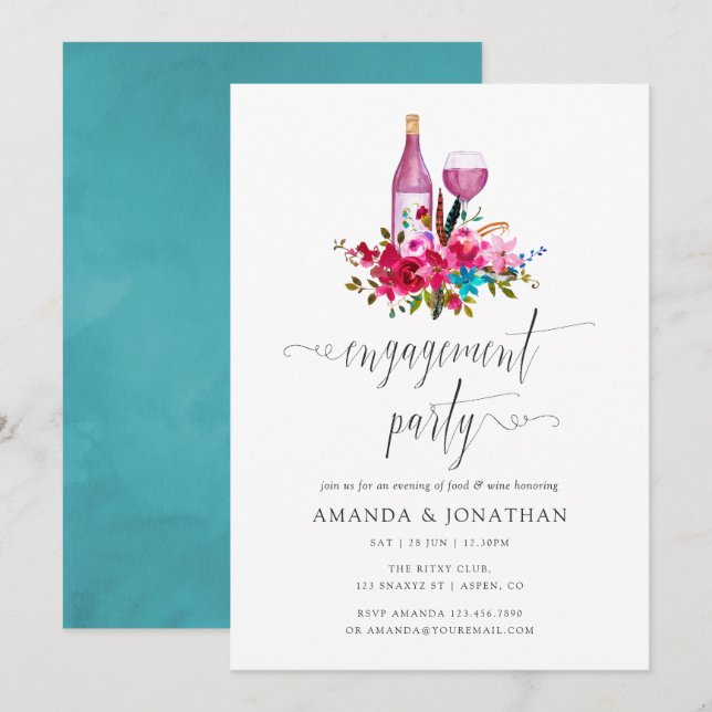 Invitation Boho Chic Floral Engagement Party Dégustation de v (Devant / Derrière)