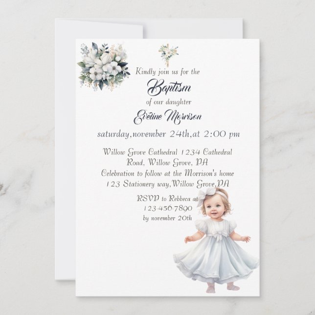 Invitation Boho Chic Floral Girls Baptême (Devant)