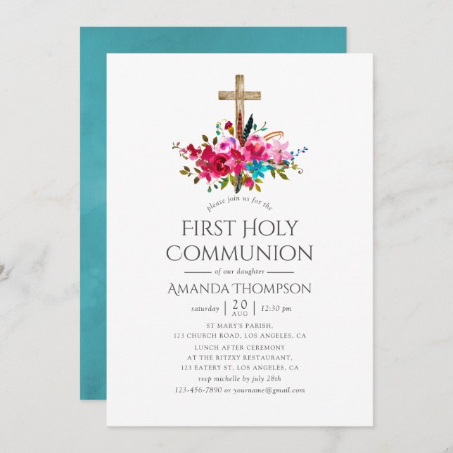 Invitation Boho Chic Floral Première Communion Sainte (Devant / Derrière)