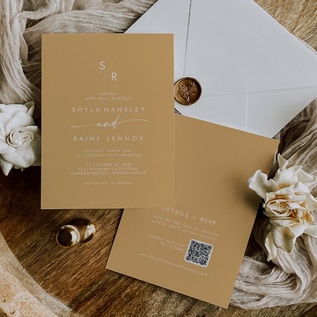 Invitation Boho Chic Jaune Marigold Monogramme QR Code Mariag (Boho Chic Yellow Marigold Monogram QR Code Wedding Invitation)