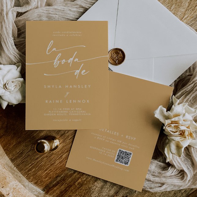 Invitation Boho Chic Jaune Marigold QR Code Espagnol Mariage (Boho Chic Yellow Marigold QR Code Spanish Wedding Invitation)