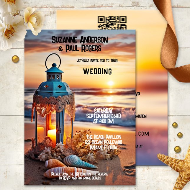Invitation Boho Chic Lantern Sunset Beach QR Mariage (Boho chic all-in-one wedding invitation featuring a lantern on the beach at sunset - with QR code)