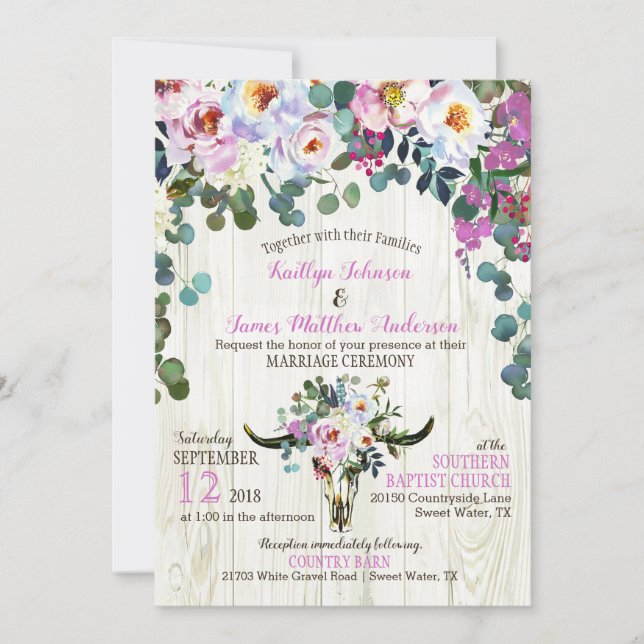 Invitation Boho Chic Longhorn Crâne de vache Mariage floral (Devant)