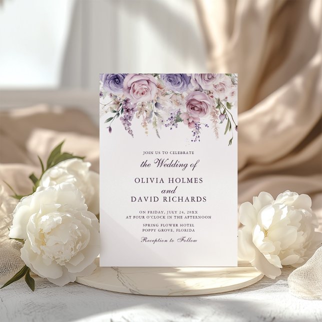 Invitation Boho Chic Mauve Lilac Mariage Floral (Boho Chic Mauve Lilac Floral Wedding Invitation on a boho table with white peonies)