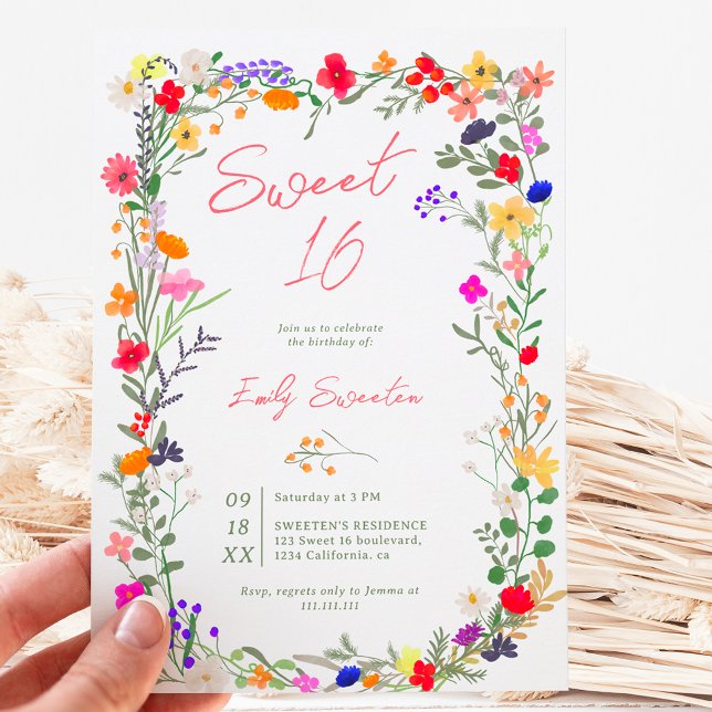 Invitation Boho chic moderne fleurs sauvages vives Sweet 16 (Modern chic boho bright wild flowers Sweet 16 Invitation)