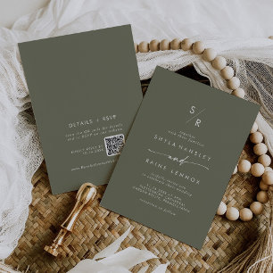Invitation Boho Chic Olive Green Monogramme QR Code Mariage