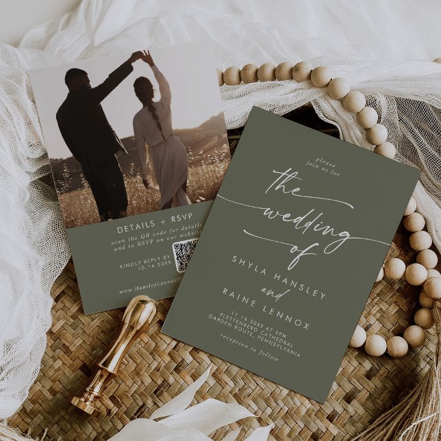 Invitation Boho Chic Olive Green Photo QR Code Mariage (Créateur téléchargé)