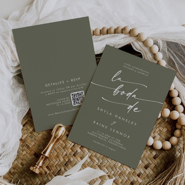 Invitation Boho Chic Olive Green QR Code Espagnol Mariage (Créateur téléchargé)